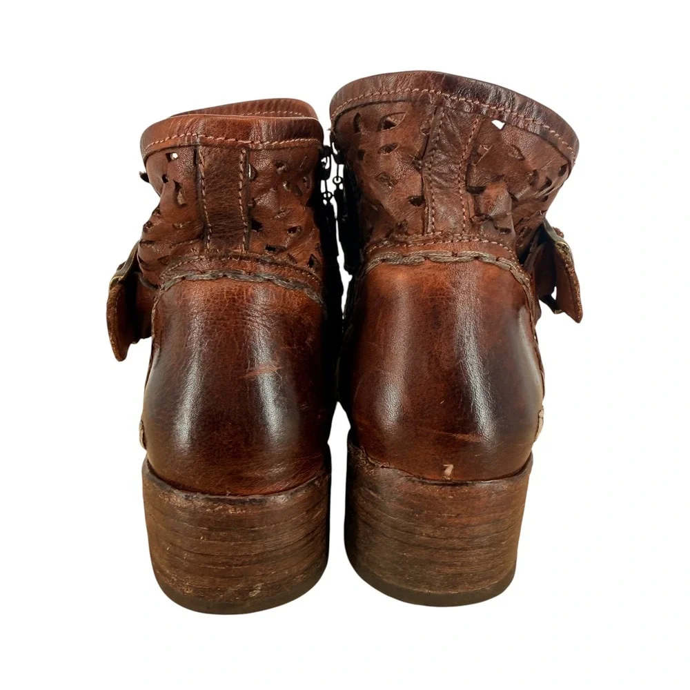 Bed Stu Heather Women 7.5 Brown Leather Perforated Ankle Boots Buckle Bootie